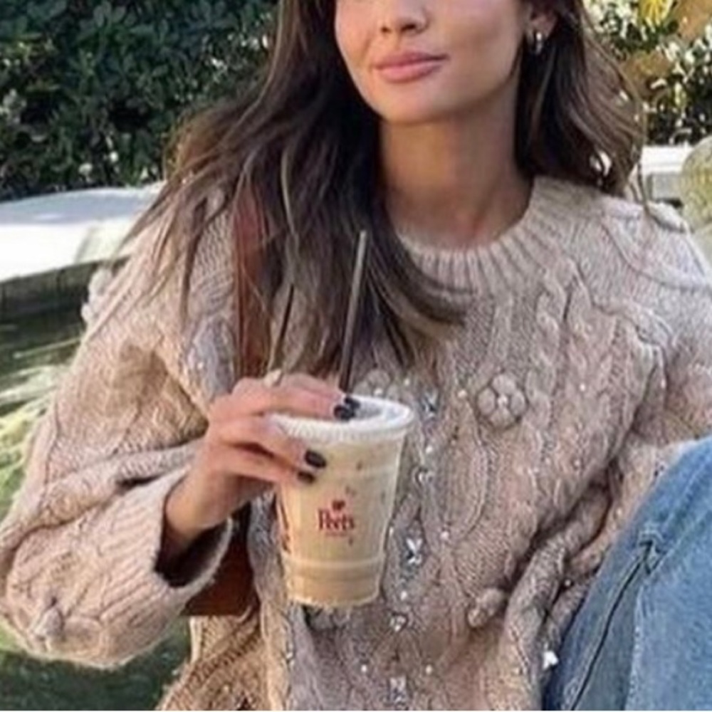 ZARA NWT PEARL AND JEWEL KNIT SWEATER L